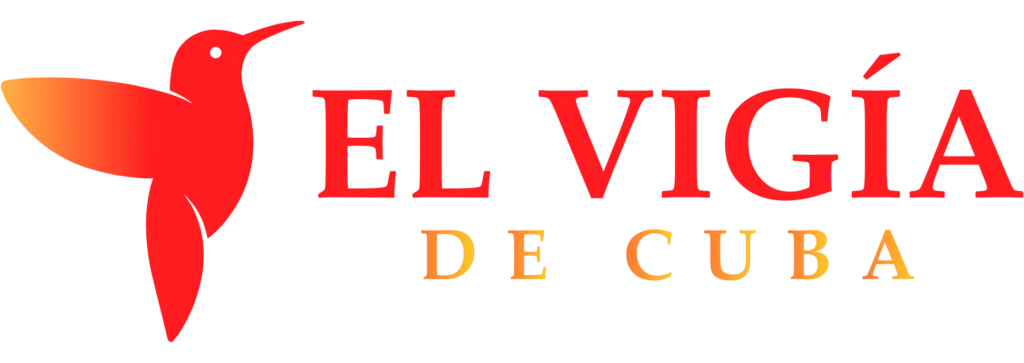 Logotipo de El Vigía de Cuba con un colibrí en tonos rojos y naranjas a la izquierda, seguido del nombre del periódico en letras rojas y doradas.
