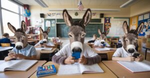 En la foto una imagen en Chatgpt de una escuela con burros