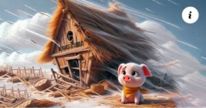 En la imagen, con inteligencia artificial, se ve un cerdito frente a una casita de pajas