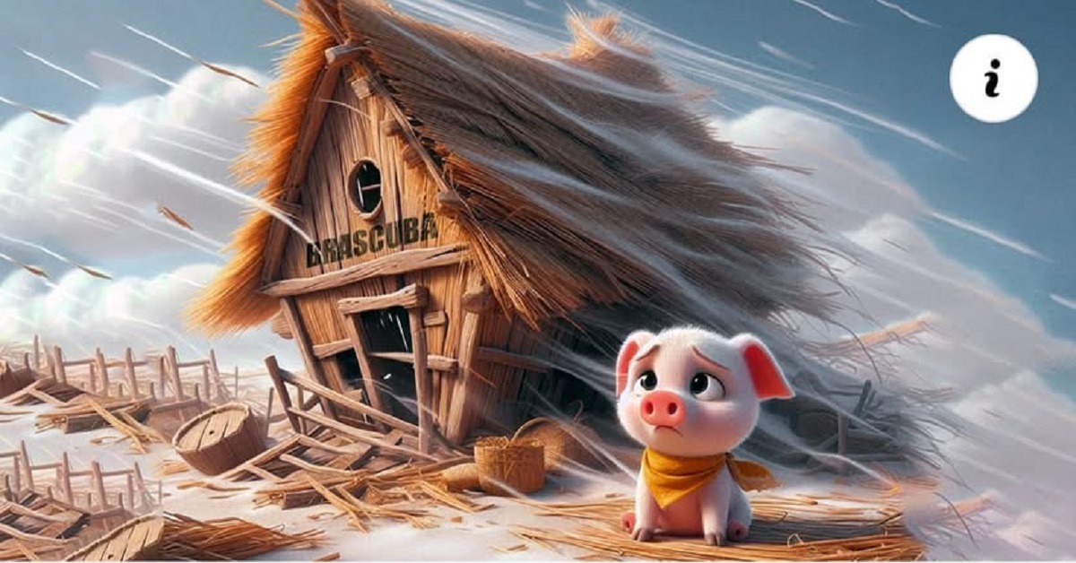 En la imagen, con inteligencia artificial, se ve un cerdito frente a una casita de pajas