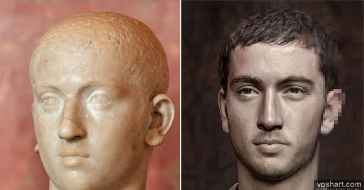 En la foto se ve un busto y un rostro hecho con AI del emperador Alejandro