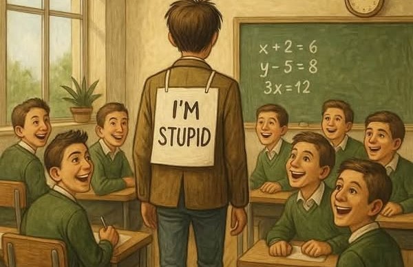 En la foto, una imagen con CghatGPT en la que aparece un niño con un letrero en la espalda y otros se ríen