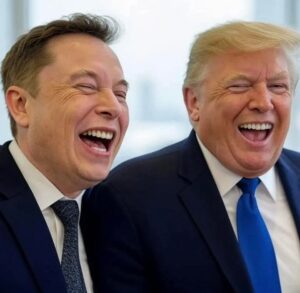 En la foto, Elon Musk y Donald Trump riendo, en una imagen generada por ChatGpt