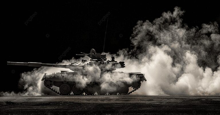 En la foto, un tanque de guerra rodeado de espeso humo