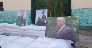 En la foto, imágenes de Fide Castro, Raúl Castro y Díaz-Canel sobre sacos de arros donado spor Vietnam