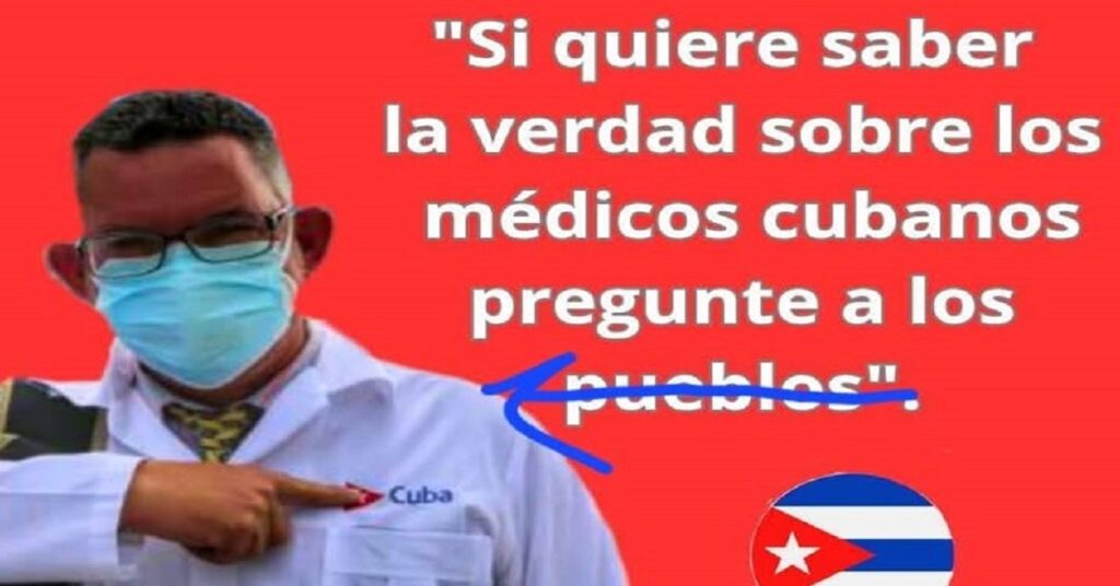 En la foto, un mensaje alegórico a los médicos cuanos, donde aparece un galeno con un mensaje