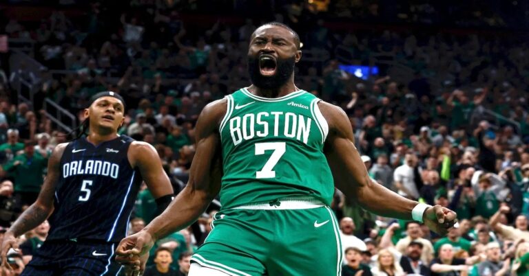 En la foto, la estrella de los Boston Celtics Jalen Brown