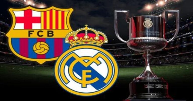 En la imagen, un montaje con los escudos de Barcelona, Real Madrid y la Copa del rey