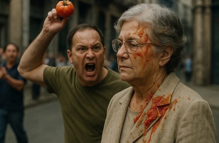 En la foto, un hombre ataca a tomates a una mujer, hecha con ChatGPT