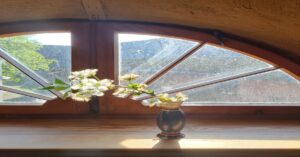 eN LA FOTO, UNA VENTANA Y UNAS FLORES BLANCAS