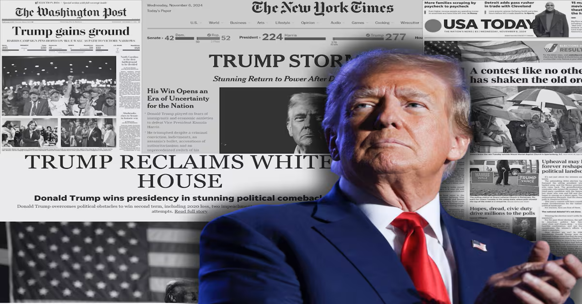 En la foto, el presidente Donald Trump en un montaje con medios de prensa