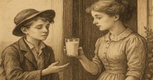 En la foto, una imagen en IA en la que una joven le da un vaso de leche a un jovencito