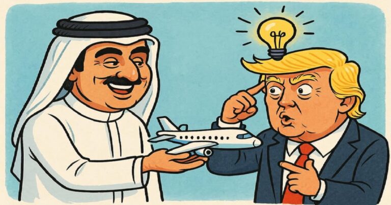 En la foto, una viñeta en la que aparece el emir de Qatar entregándole un avión a Trupm