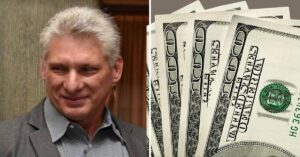 En la foto, Díaz-Canel y un montaje con billetes de a 100 dólares