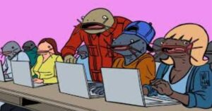 En la foto, una caricatura de ciberclarias trabajando