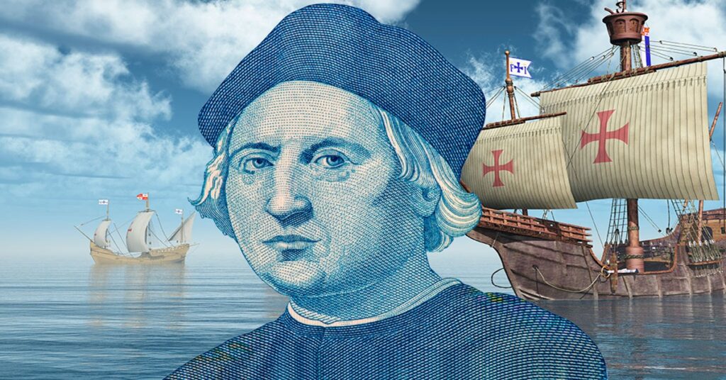 En la foto, Cristóbal Colón y las carabelas