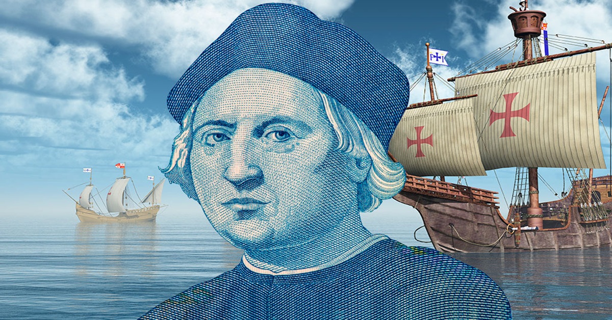 En la foto, Cristóbal Colón y las carabelas