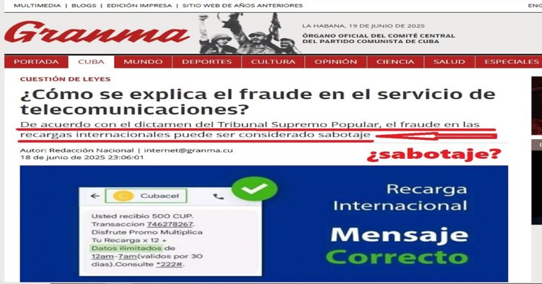 Enla foto, portada del diario Granma referida al tema de las recargas