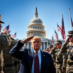 En la foto, una imagen en AI de Trump revistando tropas