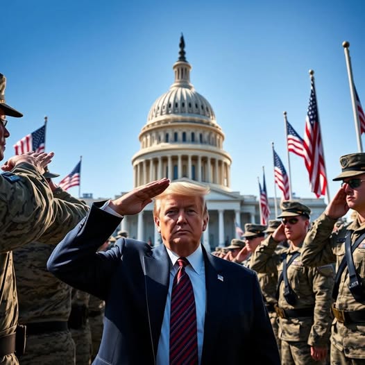 En la foto, una imagen en AI de Trump revistando tropas