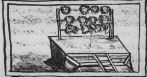 En la foto, dibujo de un altar con cabezas de españoles y de caballos en Tenochtitlán