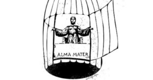 En la foto, una caricatura con el Alma Mater en una jaula