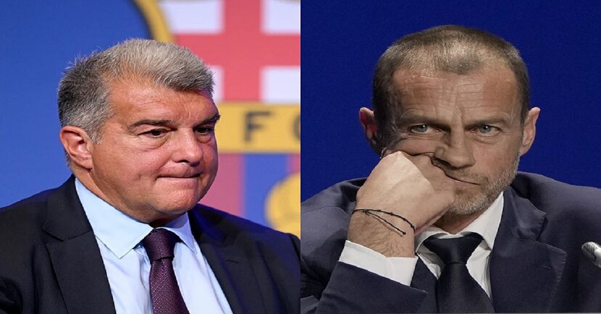 En la foto, Joan Laporta y el presidente de la UEFA