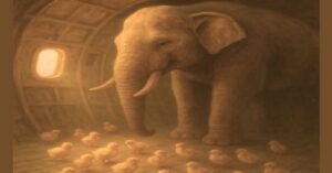 En la foto, una imagen de AI donde se ve a una elefante en un avión, rodeado de pollitos