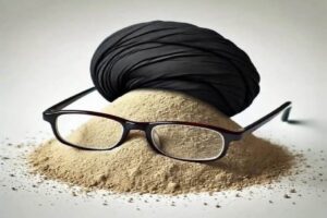 En la foto, un gorro, unos espejuelos y un puñado de tierra o arena que imitan al Ayatolah