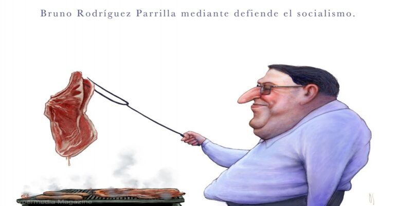 En la foto, una caricatura de Bruno Rodríguez en un asado
