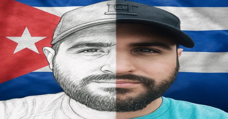 En la foto, una imagen con una bandera cubana y un hombre de dos caras