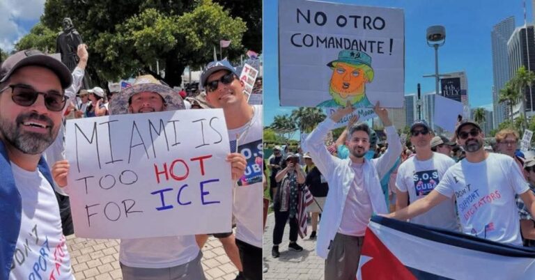 En la foto, cubanos protestan en EEUU contra Trump
