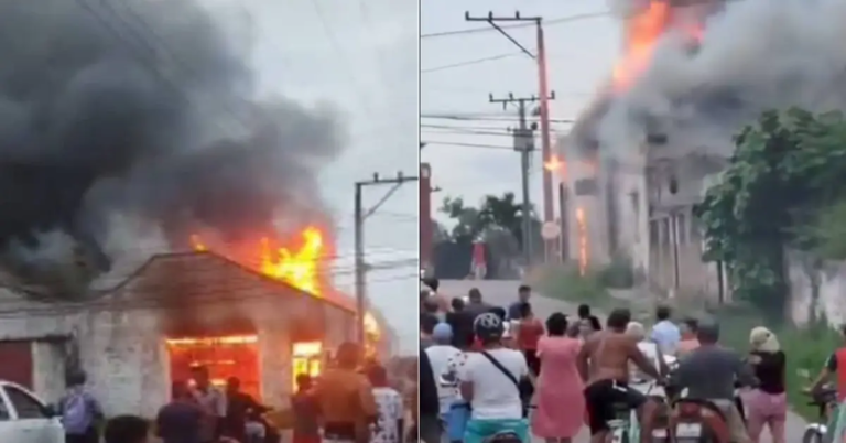 En la foto, momentos del incendio en la fábrica de colchones de Guanajay
