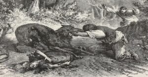 En la foto, un grabado en el cual un lobo ataca personas