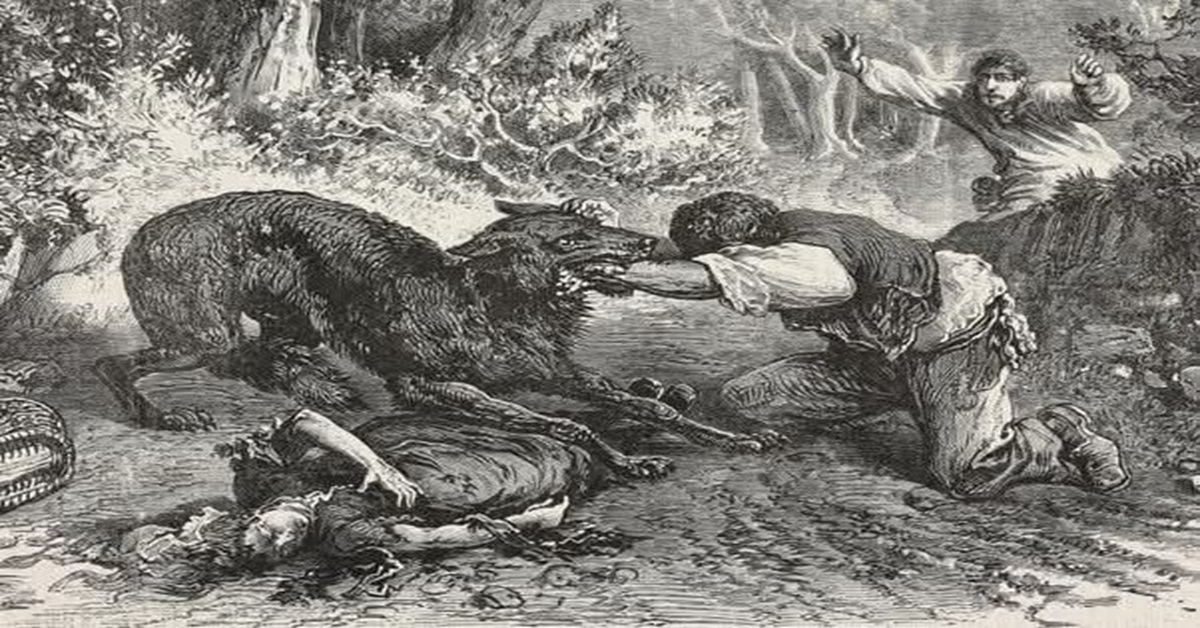 En la foto, un grabado en el cual un lobo ataca personas