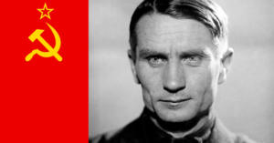 En la foto, un montaje con una imagen de la bandera de la URSS y Trofyn Lysenko