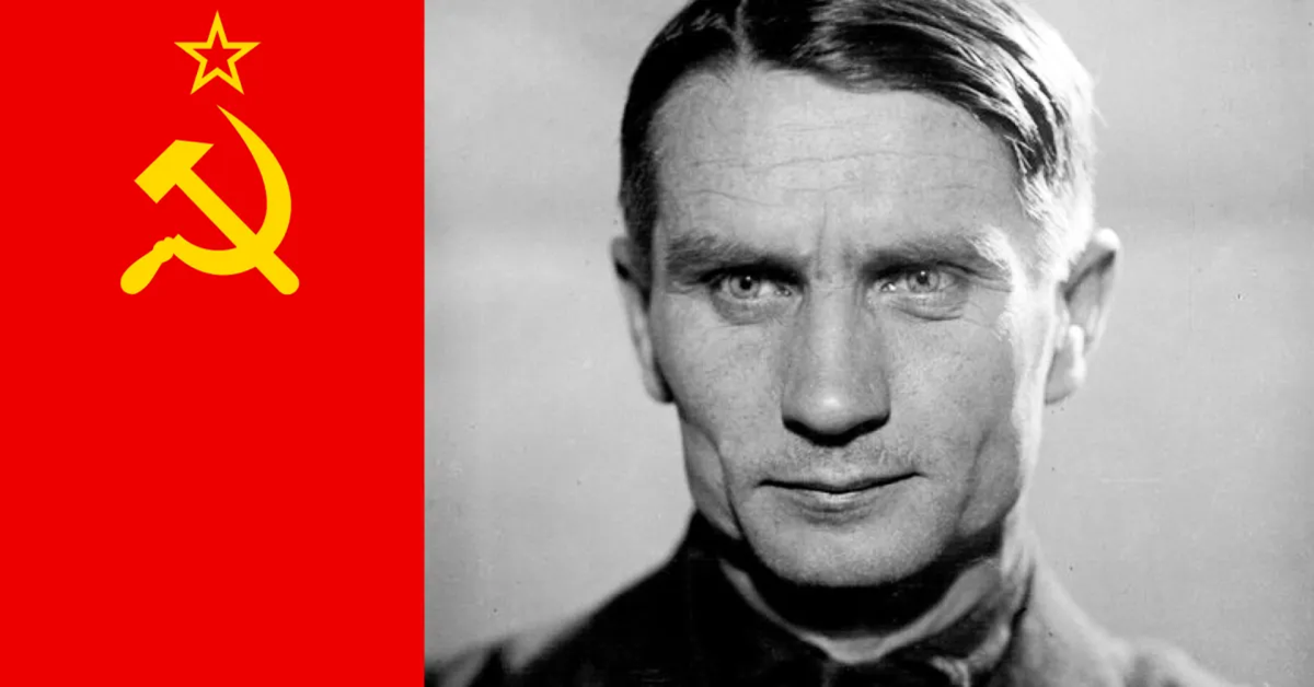 En la foto, un montaje con una imagen de la bandera de la URSS y Trofyn Lysenko