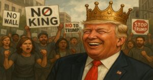 En la foto, una imagen de AI en la que se ve a Trump con una corona real