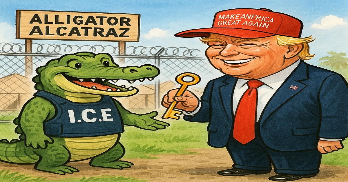 En la foto, una imagern creada por AI alusiva a Aligator Alcatraz