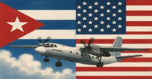 En la foto, un montaje con las imágenes de las banderas de EEUU y Cuba, y un avión ruso