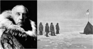 En la foto, Roald Amundsen y un momento de su conquista del Polo