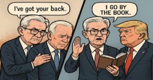 En la foto, una imagen de la AI en la que aparece Powell con Trump y Biden