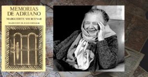 En la foto, un montaje con el libro Memorias de Adriano y su autora