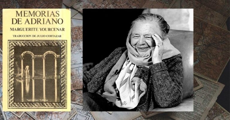 En la foto, un montaje con el libro Memorias de Adriano y su autora