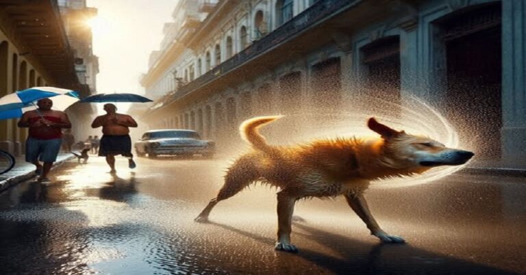 En la foto, una imagen de Ai donde se ve a un perro sacudiéndose