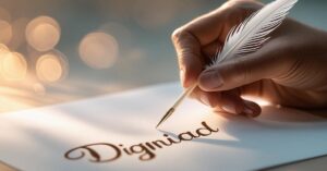 En la foto, una mano escribe la palabra 'Dignidad'