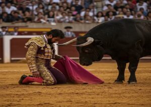 En la imagen, un torero de rodillas y un toro enfrente