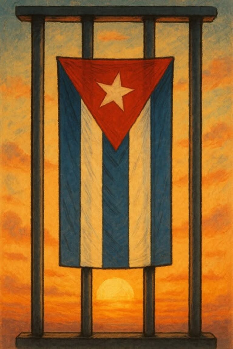 En la entrada, una imagen con AI de una bandera cubana y un sol naciente detrás
