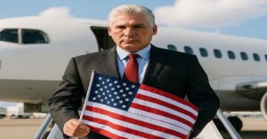 En la foto, una imagen hecha con Ai, donde se de a Díaz-Canel con una bandera americana