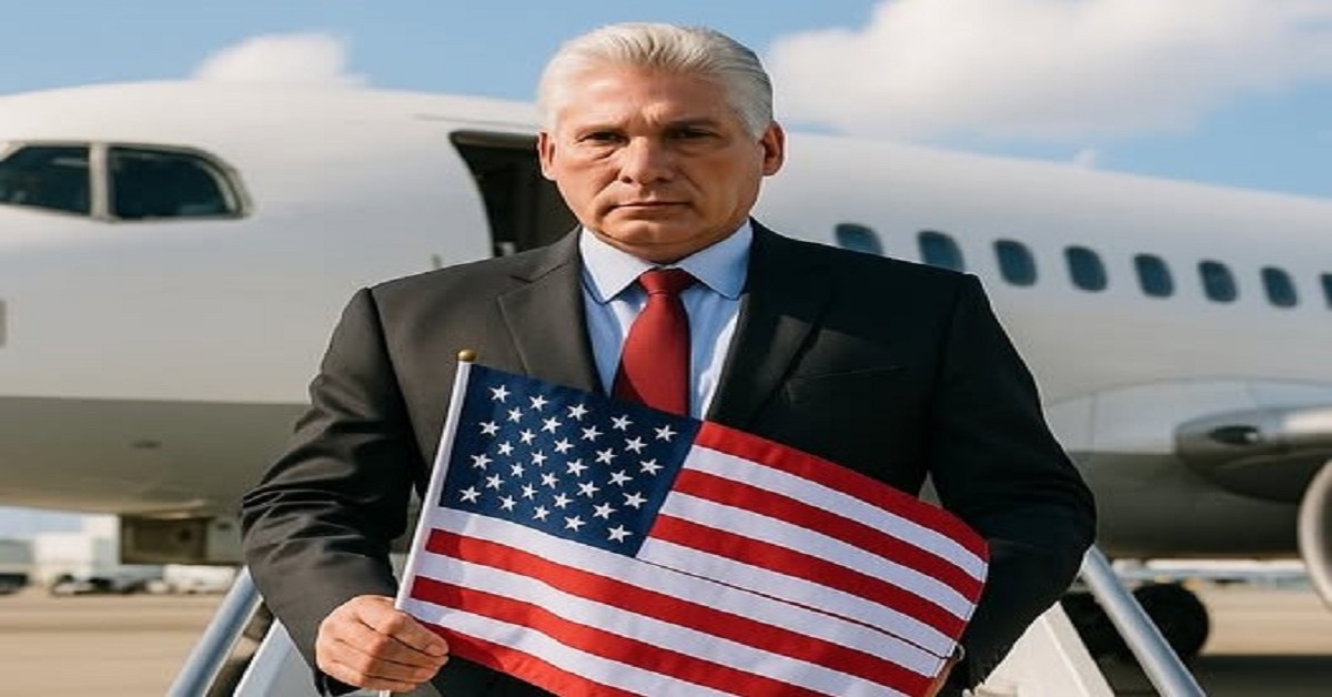 En la foto, una imagen hecha con Ai, donde se de a Díaz-Canel con una bandera americana